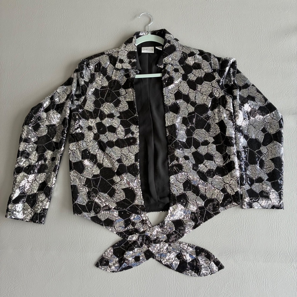 Chicos Black Silver Geometric Sequin Tie Front Jacket Wrap Party Rave Size 0